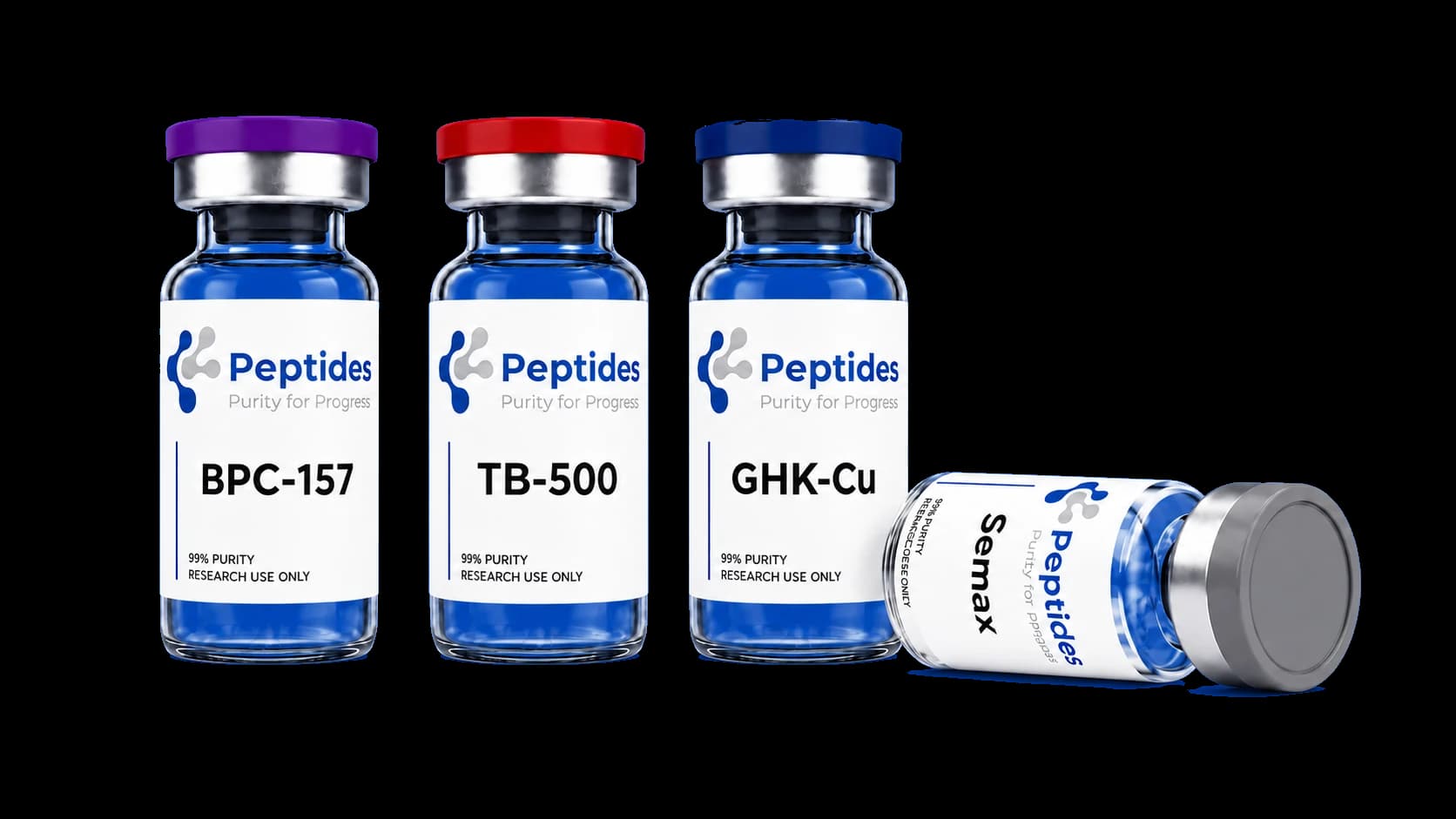 Research-grade peptide vials — BPC-157, TB-500, GHK-Cu, Semax