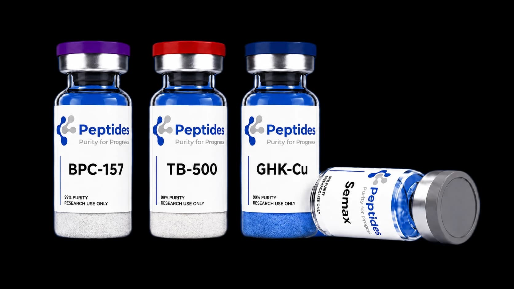 Research-grade peptide vials — BPC-157, TB-500, GHK-Cu, Semax
